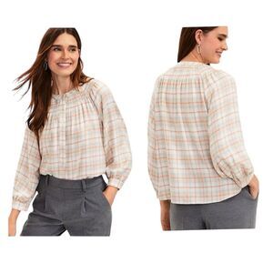 LOFT Plaid Smocked Henley Top Blouse Cream Gray Orange Women's, Size M